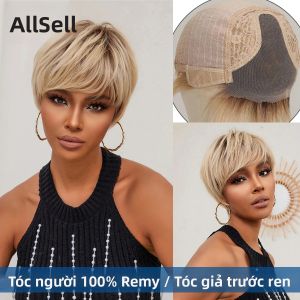 Mái Tóc Giả Lưới Trước Bằng Tóc Người Màu Vàng Sáng Dành Cho Phụ Nữ Da Đen Kiểu Tóc Pixie Ngắn Với Mái Thẳng Tự Nhiên 100% Tóc Remy Kích Thước Mũ Trung Bình
