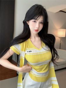 GUZILIAN | Áo thun tay ngắn dáng ôm Ice Silk Hàn Quốc thanh lịch Áo khoác cho nữ mùa hè thường ngày Áo chui đầu họa tiết sọc chữ