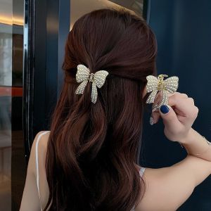 New Vintage Popular Pearl Rhinestone Bow Hair Clip Korean Style Hair Pin for Woman Girl Butterfly Hairpin Elegant Alloy Hair Claw Clips Hair Accessories