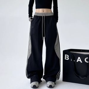 American Three Bars Spliced Sports Pants Women Summer Quick Dry Loose Wide Leg Pants Drapey Straight Jazz Pants Casual Streetwear