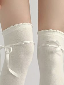 Night Teaching Room White Knee Socks Womens Spring & Fall Knee High Gray Socks Slim Looking Stockings Bows Lace Socks