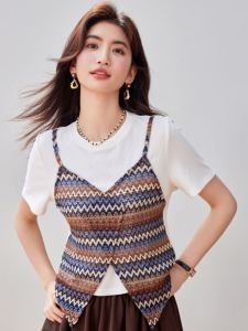 Slim Fit V-Neck Splice Knitted Top Womens Summer New Style Retro Short Sleeve T-Shirt Casual Commute Thinming Upper Apparel