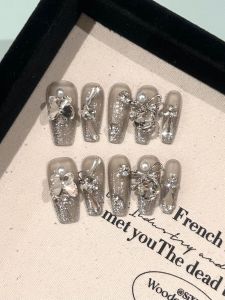 Handmade Ice Transparent Flashing Black Obsidian Wearable Nail Tips with Glass Beads Butterfly Knot Large Diamond Beauty Nail Pieces