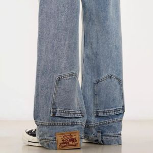 กางเกงยีนส์ทรงหลวมขาตรงสไตล์อเมริกัน ทรงย้อนยุค สไตล์สตรีท กางเกงยีนส์ทรงขากว้างสำหรับผู้ชาย ทรงไม่สมมาตร