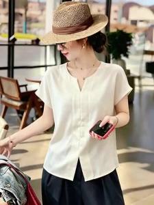Loose Drape V-Neck Short Sleeve Acetate Satin Blouse