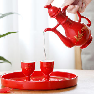 Bộ Đồ Rượu Gốm Sứ Đỏ Trung Quốc Ấm Rượu Hôn Lễ Kiểu Trung Quốc Cốc Mời Rượu Tiệc Cưới Cốc Chia Rượu Lễ Hội Kết Hôn