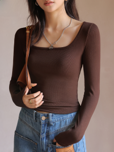 MiiOW | Áo Lót Nữ Mùa Thu Đông Cổ Vuông Màu Nâu Phối Modal Ôm Sát