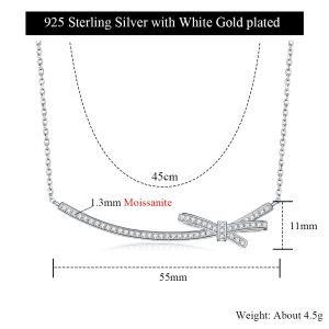Pretty Beauty Bow Ribbon Moissanite Pendant Necklace 925 Sterling Silver Curved Bar Chain Dainty Wedding Jewelry Gift for Women