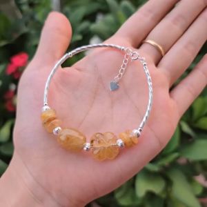 Q313 Lắc bạc lu thống ngũ điếu cỏ 4 lá Thạch Anh Tóc Vàng móc Bạc freesize cho Thổ và Kim - Phong Thủy TUDO