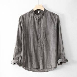 Chinese Style Stand Collar Long Sleeve Cotton Linen Shirt Men Summer Thin Folded Sense Linen Shirt Vintage Cotton Linen Shirt