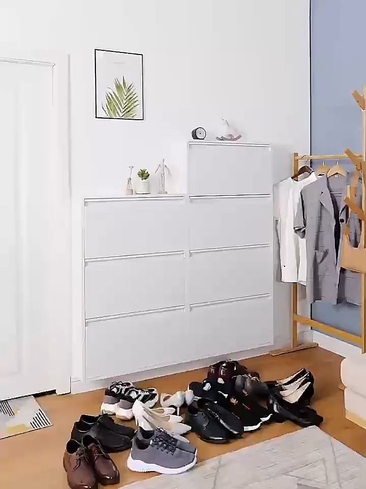 Wall Mounted Flip Steel Shoe Cabinet 3-4 Layers Large Capacity Metal Waterproof Silent Damping Magnetic Closure Adjustable Shoe Stoppers Home Entrance Space-saving Flip Design