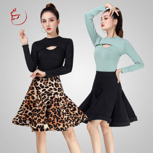 New Latin Dance Skirt Set for Women with Half Sleeves Standard Dance Half Skirt Leopard Print Dance Practice Long Skirt