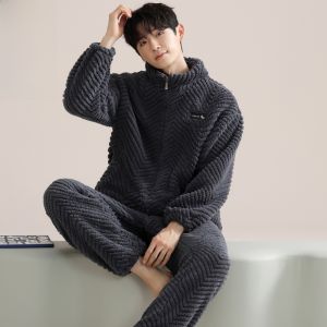 MiiOW | เสื้อผ้านอนผู้ชาย Catman ผ้าขนแกะหนา อบอุ่น ฤดูใบไม้ร่วง/ฤดูหนาว 2025 ใหม่ เสื้อผ้าใส่อยู่บ้าน 2 ชิ้น ผ้าฝ้ายโพลีเอสเตอร์