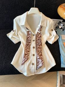 Ribbon Tied V-Neck Short Sleeve Summer Slim Fit Plus Size Womens Shirt