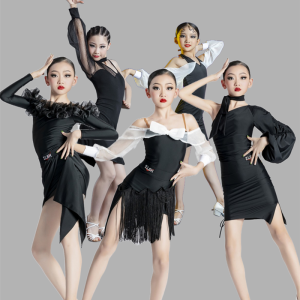 Internet Celebrity Kids Latin Dance Wear Puff Sleeve Dress Childrens Latin Exercise Clothing Performance Spring and Summer Professional Racing Suit Women