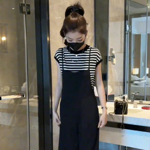 Fashionable High Waist Overalls Slimming Summer Outfit Two Piece Set for plus Size Women Short Sleeve round Neck Long Pants