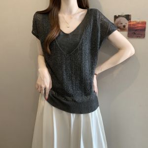 AIYITI | Faux Layer Thin Hollowed-out Ice Silk V-neck Short Sleeve T-shirt Summer Plus Size Women
