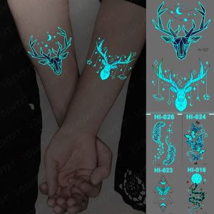 5PCS Luminous Waterproof Temporary Tattoo Sticker Antlers Feather Butterfly Snake Glow Flash Tatto Women Men Arm Fake Tattoos