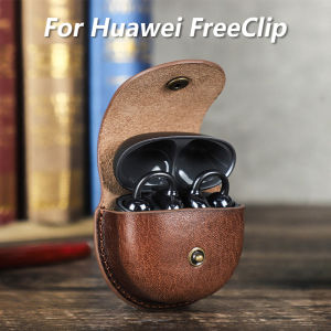 Genuine Leather Earphone Case With Hook Fit For Huawei FreeClip Earbuds Cover Shockproof Protective Shell Handmade Vintage Earphone Sleeve