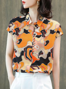 NVSHENJI | เสื้อเชิ้ตไหมพิมพ์ลายแขนสั้นฤดูร้อนสำหรับผู้หญิง เสื้อผ้าทำงานสไตล์เกาหลี ผ้าไหมถั่วมัลเบอร์รี่แท้ ทรงตรง แขนสั้น ลายดอกไม้ ระบายอากาศได้ดี
