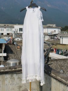 Summer New Bohemian Style Tie Dye White Raw Material Maxi Dress Floral Print over Knee Length Gown Casual Style Cotton Blend
