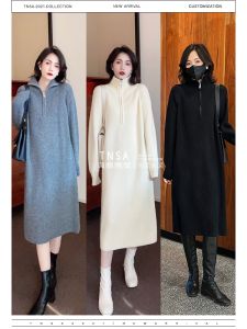 Winter Knit Sweater Dress for Women French Style Long Sleeve Turtleneck Zippered Inner Wear Thickened Base for Coats