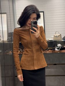 Elegant Slim Fit Sheepskin Leather Jacket Frosted Nubuck High Elasticity Street Style Long Sleeve One Shoulder Design Beautiful