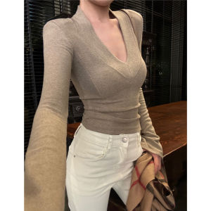 YUEZHONGWEI | Oat Color V-Neck Long Sleeve Slim Knit Top