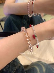 Retro Triều Đình Phong Cách Thủy Tinh Hữu Cơ Vòng Tay Cho Nữ Màu Hồng Multibar Hoa Anh Đào Mùa Hè Phụ Kiện Trang Sức Cho Bé Gái