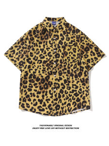 Summer Thin Short Sleeve Leopard Print Casual Shirt Mens Loose Fit Hip Hop Style Workwear Jacket Youth Fashion Daily Wear