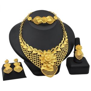 Gold Plated Diamond Embedded Necklace Earrings Fashionable Party Accessories for Women High End Trendy Jewelry Set