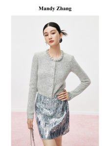 French Style Beaded Camelhair Knit Cardigan Short