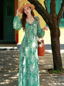 JUJU Spring Summer Vacation Long Dress Green Floral V-Neck Long Sleeve Womens Dress French Style High Waist Bubble Sleeve