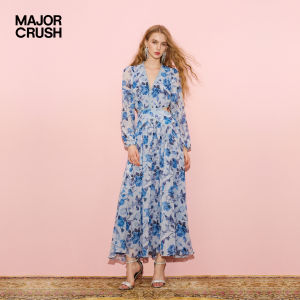Blue Floral Print Rose Sea Design New Lace-up Waist Cut-out Dress