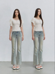 via pitti | Heavy Texture Lace Flying Sleeve Waist-fitted Short Sleeve T-Shirt