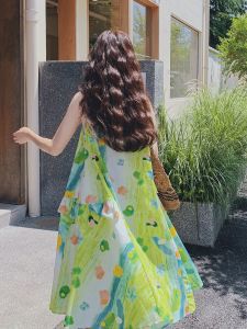 Váy Không Tay Graffiti College Bé Gái Summer 2025 Váy Dài Đi Biển Váy Vest Váy Cotton Thoáng Khí Thường Ngày Cho Nữ