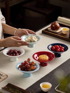 Retro Chinese Style Ceramic High-legged Fruit Tray Snack Plate Tea Time Pastries Dish Elegant Home Decorative Tableware