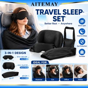 Aitemay 3-in-1 Travel Sleep Set Airplane Eye Mask Headrest And Wrap Blanket Polyester Portable Neck Support For Long Flight Bus Car Nap Office