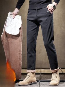 ROMON | Romon Mens Fleece Lined Casual Pants Thick Straight Leg Fashionable Business Casual Long Trousers Winter Season High Rise