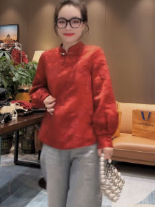 New Chinese Style Womens Shirt Winter 2024 Color Block Print Bubble Sleeve Button down Anti-Aging Small Top Fashionable