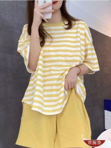 Summer Thin Cotton Pajamas Womens Short Sleeve Home Clothes Set Striped Home Leisure Sleepwear round Neck Pullover Short Pants