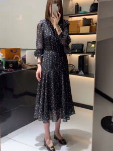 Elegant Black Floral Print Midi Dress Slimming Waist V-Neck Commute A-Line Skirt Spring New Style Korean Version Long Sleeve