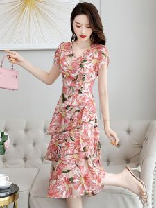 Váy Voan Tay Ngắn Mùa Hè Cho Nữ Váy Midi Dài Đến Giữa Bắp Chân Họa Tiết Hoa Cổ Chữ V Váy Chữ a Xếp Ly