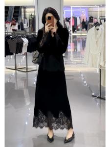 Elegant Black Lace Splice Top High Waist Slimming Skirt Set Womens Fashion Spring 2025 Polyester Long Sleeve V-neck Zipper