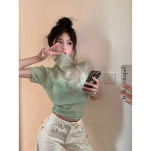 Pure Desire Ice Silk Thin Short Sleeve Knitwear Female Summer New Silm Short Unique Chic Turtleneck Sweet Spicy Small Top