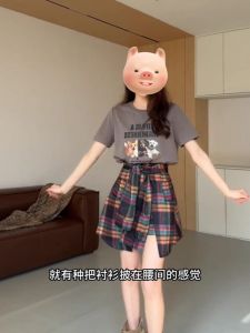 plus Size Womens Fashion Checkered Short Sleeve T-Shirt Skirt Set Summer Outfit Half-length Pants Skirt Two-piece Ensemble