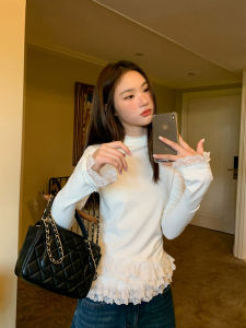 เสื้อเชิ้ตคอปกกลมแขนยาวทรงเข้ารูปสไตล์ฝรั่งเศสย้อนยุคพร้อมเชือกผูก ดีไซน์ลายลูกไม้ สำหรับผู้หญิง เสื้อชั้นในฤดูใบไม้ร่วง