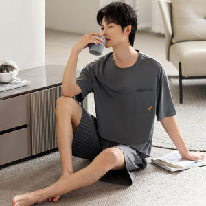 Mens Ice Silk Cool Summer Short Sleeve Striped Casual Pajama Set