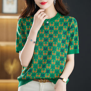 Slimming Ice Silk Short Sleeve T-Shirt Womens Summer New Loose Large Size Fashionable Knitted Sweater  Silk Top