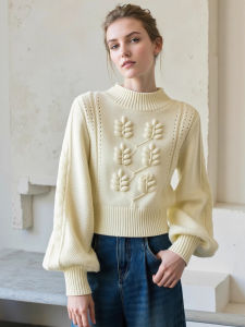 Design Sensation Beige Stand Collar Lantern Sleeve Sweater Womens Autumn New Style Korean Waist Cinching Slim Short Overhead Top